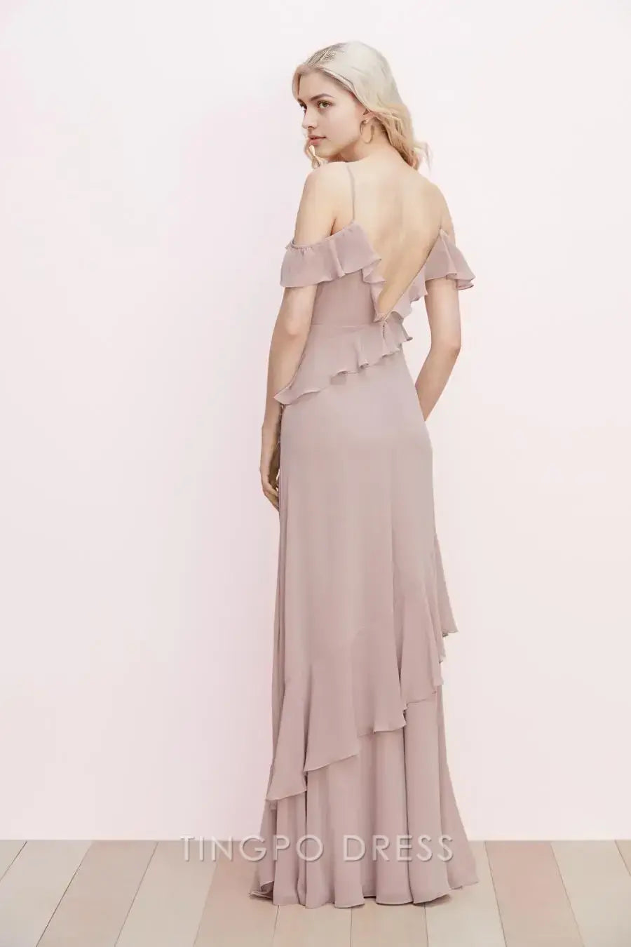 TingPo Wholesale Elegant Blush Pink Spaghetti Strap Off-Shoulder Dress - Ruffled Asymmetric Hem Evening Gown